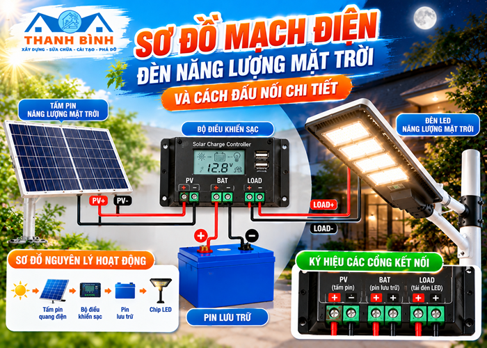 Sơ đồ mạch điện đèn năng lượng mặt trời và cách đấu nối